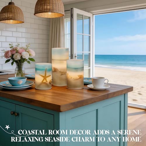 Beach Coastal Ocean Decor Seashell & Starfish Flameless LED Candles - Ocean Blue