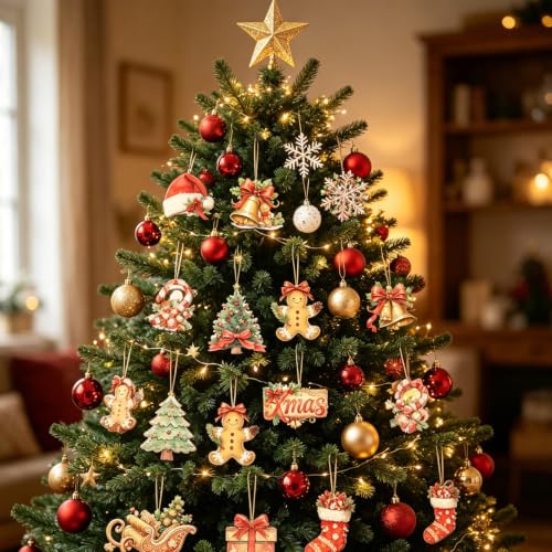Wooden Christmas Decorations Cute Bell Santa Hat 12pc Set - Colorful-3