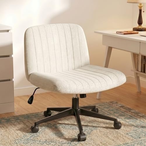 White Wheels Criss Cross Office Chair 26" Wide Armless Fabric Swivel Vanity Chair