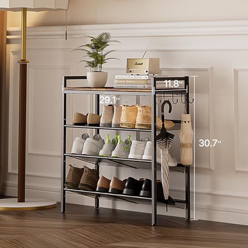 Neatevday Black 4-Tier Shoe Rack with Adjustable Mesh Shelves & Hooks