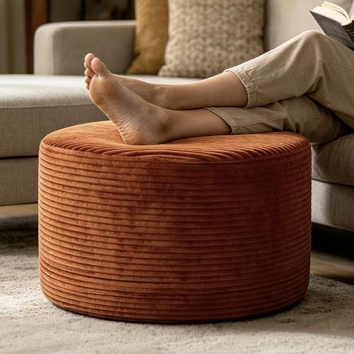 Thgonwid Round Corduroy Ottoman Pouf - Burnt Orange 20x14in Foot Rest Stool