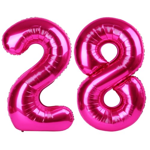 Hot Pink Number 28 Balloons 40 inch, 28 Number Balloons, 28th Birthday Decorations, 28 Year Old Women Hot Pink Party Supplies