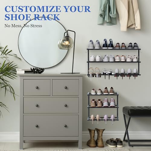 Jchccu 4-Pack Wall Mounted Shoe Racks Black, Adjustable 3-Tier Organizer with Hooks