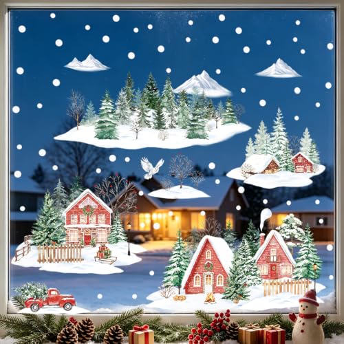 SHUCHING Winter House & Tree Window Cling Sticker - Christmas Holiday Decor, 2 Sheets, Reusable, Waterproof Vinyl, for Glass & Windows