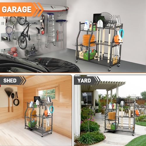 TORACK Garden Tool Organizer with Wheels & Extra Shelves – Rakes & Shovels Storage Stand