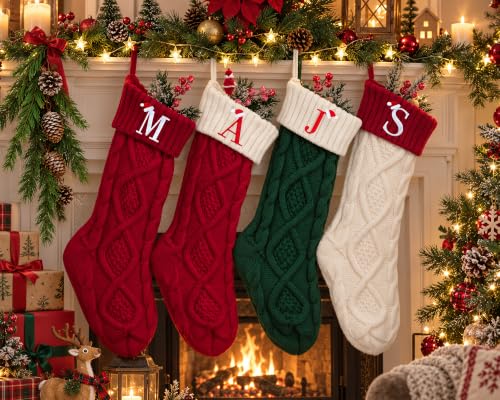 Red Knit Christmas Stocking with Initial H - 18 Inch Fireplace Decor