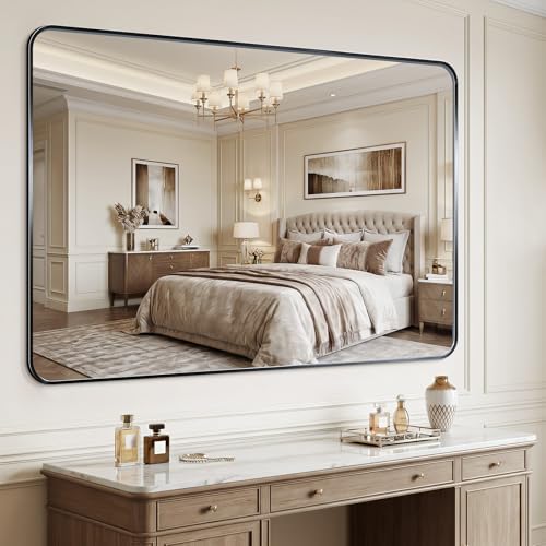 Black 40 Inch x 32 Inch Bathroom Wall Mirror - Brushed Metal Frame, Tempered Glass