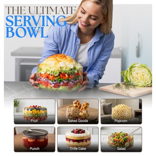 155oz Large Trifle Bowl with Lid & Silver Serving Spoon - Decorative Glass Dessert Bowl with Acacia Wood Cover