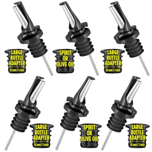 3-in-1 Liquor Pour Spouts with Built-In Fruit Fly Protection Black 6 Pack & Adapters