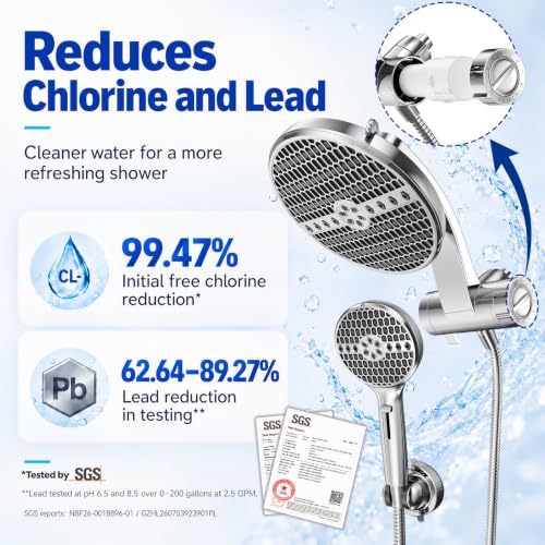 Veken Filtered Shower Head with Handheld - Chrome, Multi-Pattern Rain & Spray Set