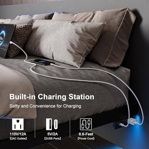 Feonase Full Size Floating Bed Frame with Charging Station and Led
