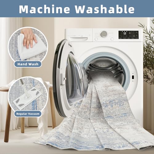 Machine Washable 5x7 Area Rug for Living Room Bedroom Kids Room - Blue-Greige-Brown-Beige-White