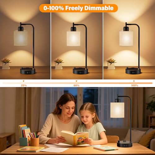 Beige Industrial Table Lamps Set of 2 - Dimmable Bedside Lamps with USB Ports and Outlet