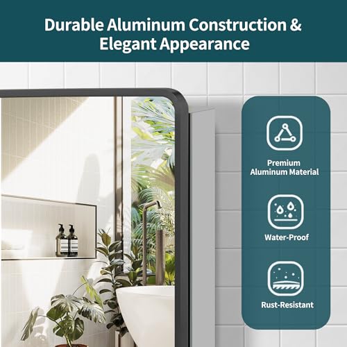 Black Bathroom Medicine Cabinet with Mirror, Adjustable Glass Shelves, Waterproof & Rust-Resist, Recessed or Surface Mount, 24x22 Inches
