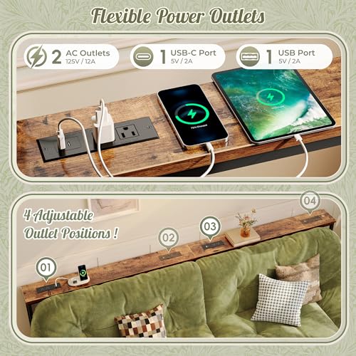 Huuger Rustic Brown 102.4 Inch Sofa Table with Power Outlets, Adjustable Height Behind Couch