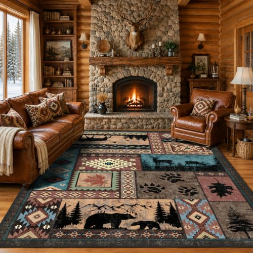 Brown 5x7 Rustic Cabin Area Rug - Washable Southwestern Wildlife Carpet