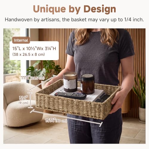 Natural Seagrass Bathroom Storage Baskets 15.75"L x 12.5"W x 3.5"H - 2-Pack