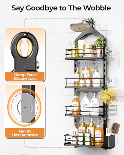 Black 4 Tier Adjustable Shower Organizer Hanging Over Showerhead