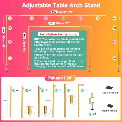 Gold Over The Table Rod Stand with Clamps Adjustable 47-98" Length for Decor Flowers Weddings