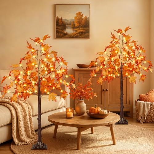 Maple Tree Lights 2 Pack 4FT Artificial Fall Trees with 100 LED Warm White Lights - Outdoor/Indoor Decor