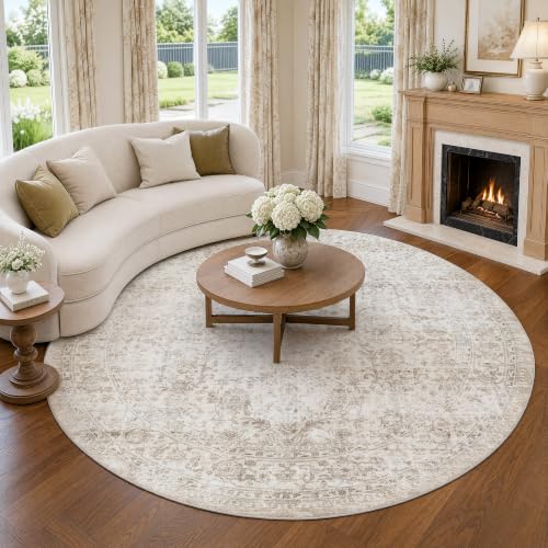 FMFUNCTEX 6ft Round Beige Vintage Area Rug - Washable, Non-Slip, Pet-Friendly