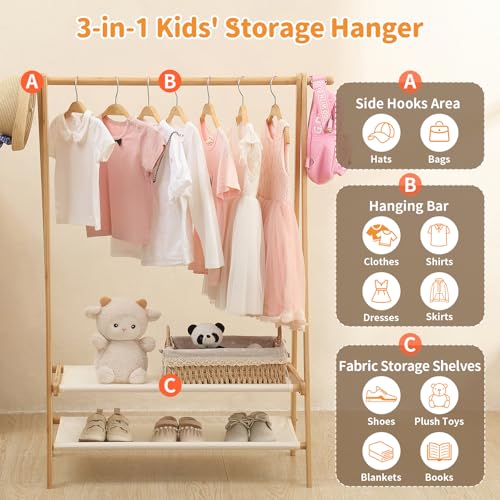 Kids Clothing Rack with Shelves and Hang Rod - Foldable Baby Wardrobe, Natural Bamboo
