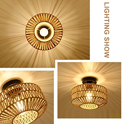 Boho Ceiling Light Fixture with Dimmable LED Bulb - Mini Rattan Chandelier, Brown Variation