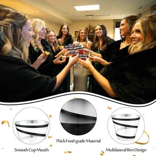 Gejoy 9 oz Rimmed Swirl Plastic Cups Disposable Wine Drinking Cups Clear Elegant Halloween Tumblers for Christmas Party Supplies(Black,24 Pcs)
