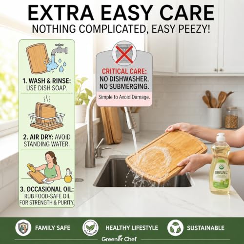 Greener Chef Extra Large Bamboo Cutting Board Set of 3 with Glue-Free Round Surfaces – Spacious, Non-Toxic Kitchen Chopping Boards