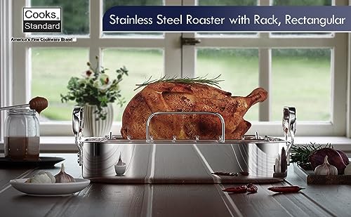 Cooks Standard 14x12-Inch Stainless Steel Roaster Pan with V-Shaped Rack - Large Capacity, Oven & Dishwasher Safe