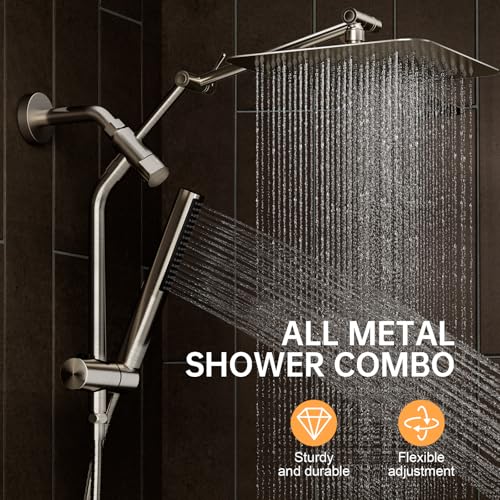 Veken Mainstream Pick 10-Inch Brushed Nickel All Metal Rain Shower Head with Handheld Spray Combo