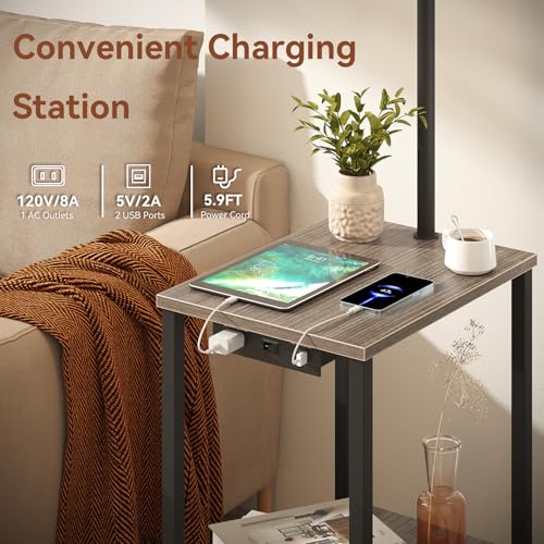 SUNMORY Grey Oak Floor Lamp with Shelves & USB Charging Station – Modern Living Room Light