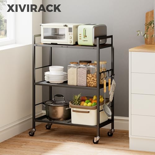 Brown 3-Tier Metal Storage Rack with Wheels & Wooden Top, Adjustable Shelves, 23.6W