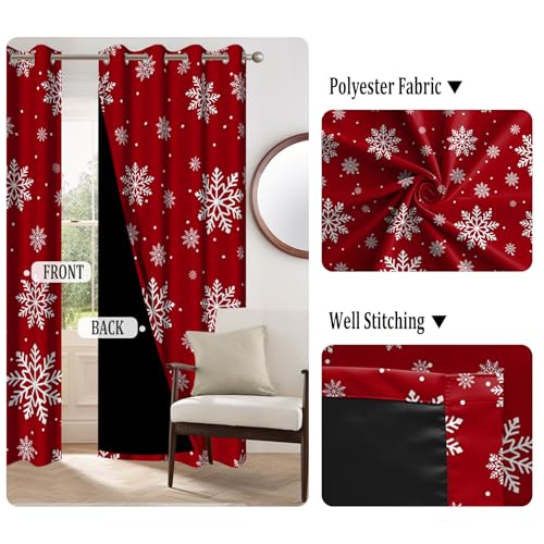 Red Xmas Blackout Curtains 42x84 in 2 Panels - Christmas Snowflake Thermal Insulated Drapes