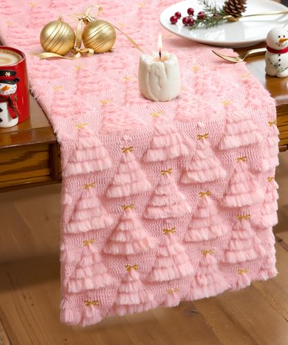 SEGXCFL Pink Tree Christmas Table Runner 72x13in Faux Fur & Velvet Decor