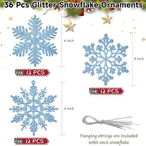 36 Pcs Blue Glitter Christmas Snowflake Ornaments, 4 Inch Plastic Hanging Decorating Snow Flakes Xmas Tree Snowflake Decorations for Christmas Decors (3 Styles)