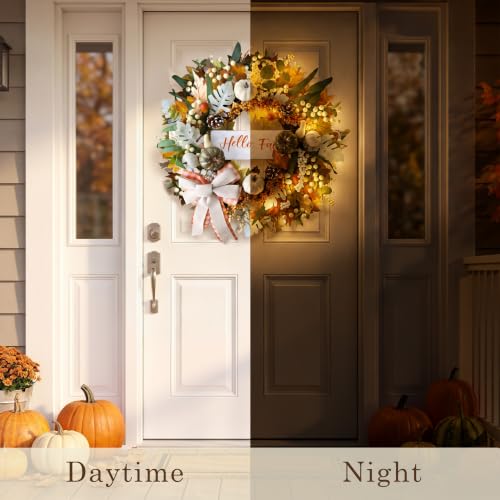 24-Inch Fall Wreath with Lights & Timer for Front Door - Farmhouse Decor