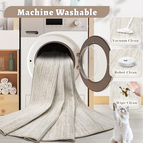 Beige 8x10 Modern Washable Non-Slip Area Rug for Living Room & Bedroom - Soft and Stain Resistant