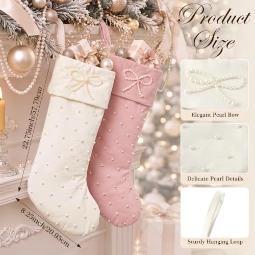 2 Pack 23 Inch Christmas Stockings with Hand-sewn Pearls, Elegant Bow