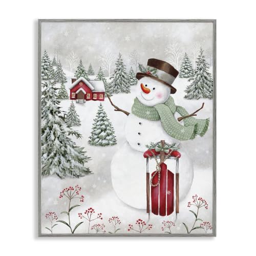 Stupell Cheerful Snowman Holly 16 x 20 Framed Giclée Print, Farmhouse Gray