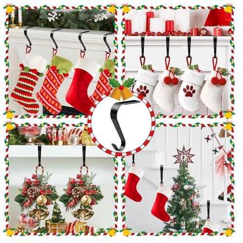 Christmas Stocking Holders for Mantle, Non-Slip & Scratch-Free Stocking Holder Hooks for Fireplace, 4 Pack Lightweight Christmas Stockings Hangers for Mantle Xmas Decor and Home Decorations, Black
