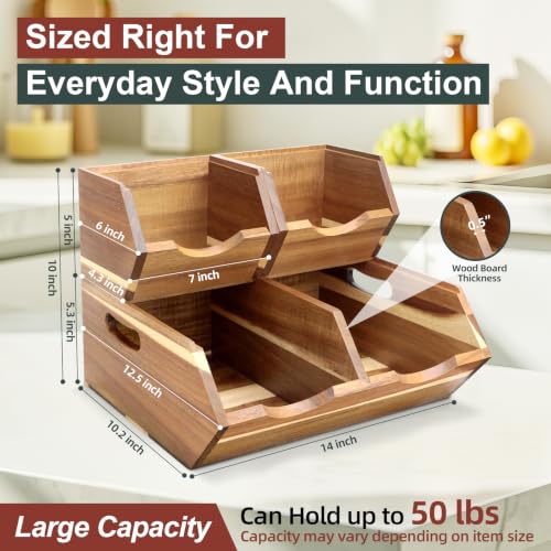 Acacia Wood Pantry Storage Bins Set - Stackable Fruit and Vegetable Organizer