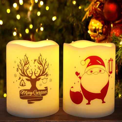 Set of 2 Wavy Edge Christmas 3x4 LED Pillar Candles Outdoor Waterproof - Ivory Pillar Candles Battery Powered with Timer Warm White Unscented Outdoor Flameless Candles Christmas Decorations