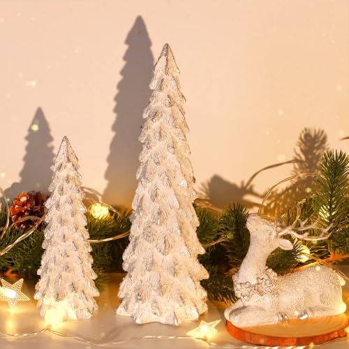 BINSUNS 3-Pack Christmas Tree & Reindeer Figurines Set in Silver - Resin Tabletop Decor