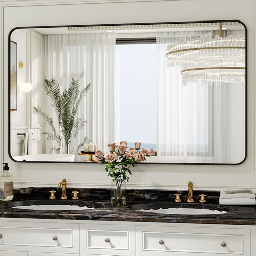 Black Rectangular Bathroom Mirror 30x48 Inch Wall-Mounted Vanity Mirror with Rounded Corners