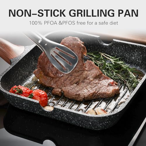 11-Inch Nonstick Grilling Pan with Lid - Black, Square Indoor Grill for Stove Tops