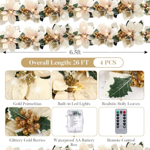 Zubebe Champagne Prelit Poinsettia Christmas Garland 6.5 ft with Remote & 8 Modes
