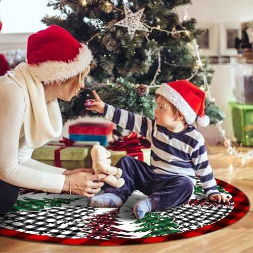 Pines Christmas Tree Skirt 48 Inch, Large Red Black Buffalo Plaid Xmas Tree Skirts, Winter Holiday Tree Mat Decoration