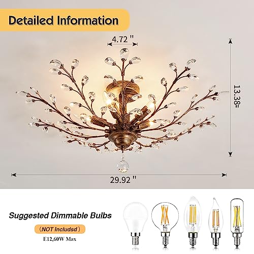 Vintage Crystal Chandelier with Bronze Finish - 29.92in Ceiling Light for Living Room Dining Bedroom