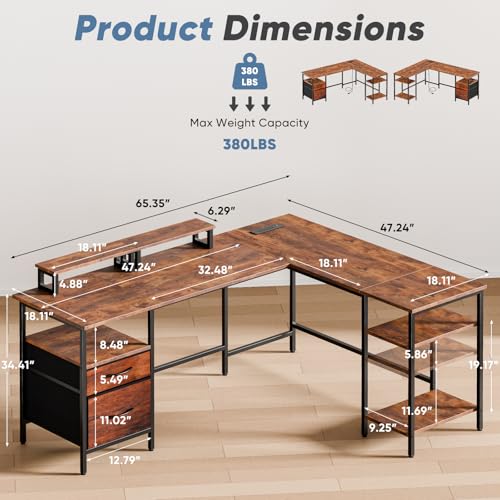 Rustic 62 Inch L-Shaped Computer Desk with Charging Station - DUMOS